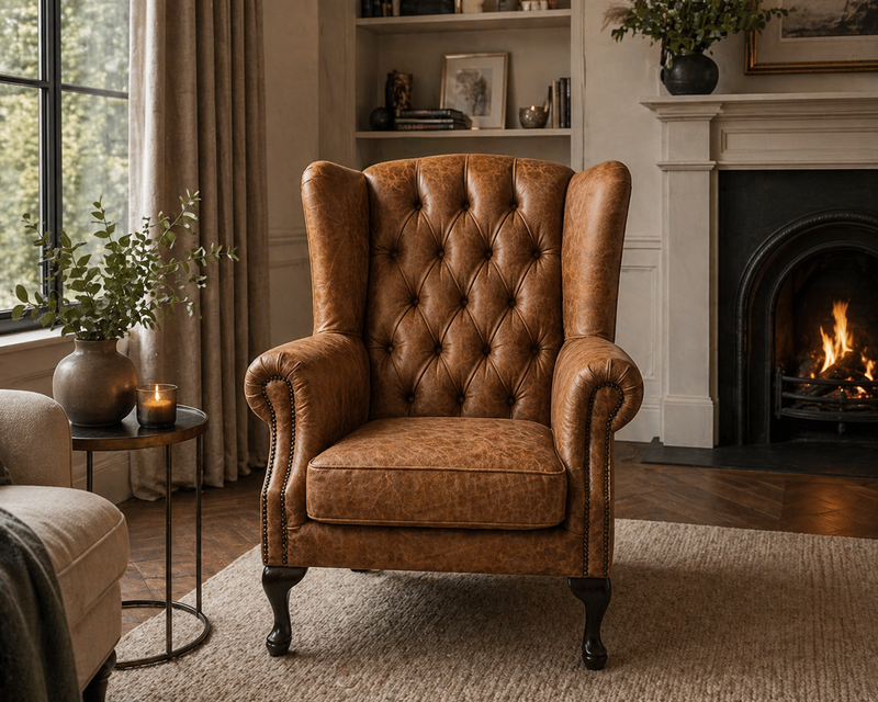 Deep Button Queen Anne Armchair - Brown