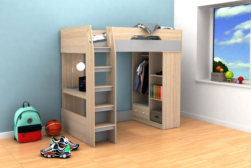Ohio High Sleeper with Desk, Shelves & Hanging Space