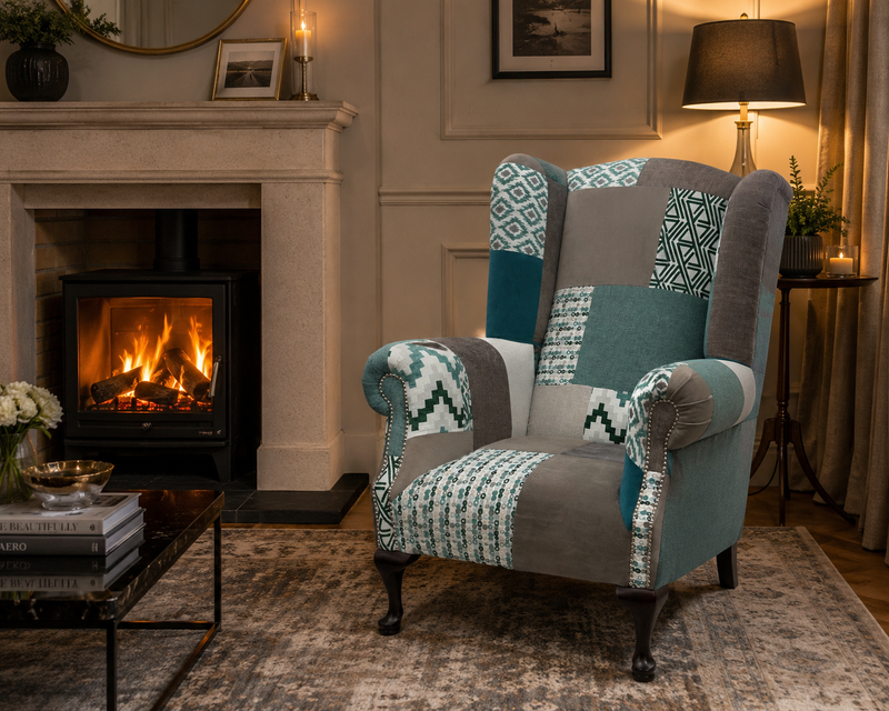 Queen Anne Chair - Teal & Grey Patchwork
